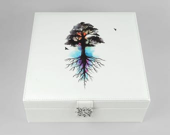 White Jewelry Box with Tree Silhouette, Large Jewelry Organizer Box for Women and Girls, Vegan Leather and Velvet Jewelry Boxes with Mirror