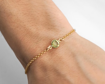 Gold Filled August Birthstone Bracelet or Anklet: Minimalist Peridot Colored Charm Jewelry