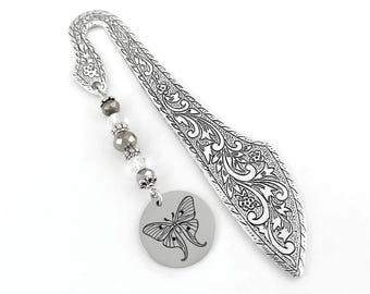 Luna Moth Bookmark: Laser Engraved Beaded Charm Book Marker for New Beginnings