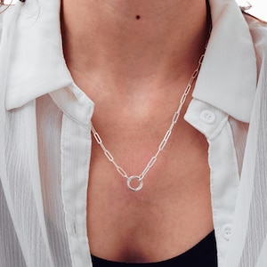 925 Sterling Silver Paperclip Chain Charm Holder Necklace - Hinge Clasp Charm Keeper Pendant image 1