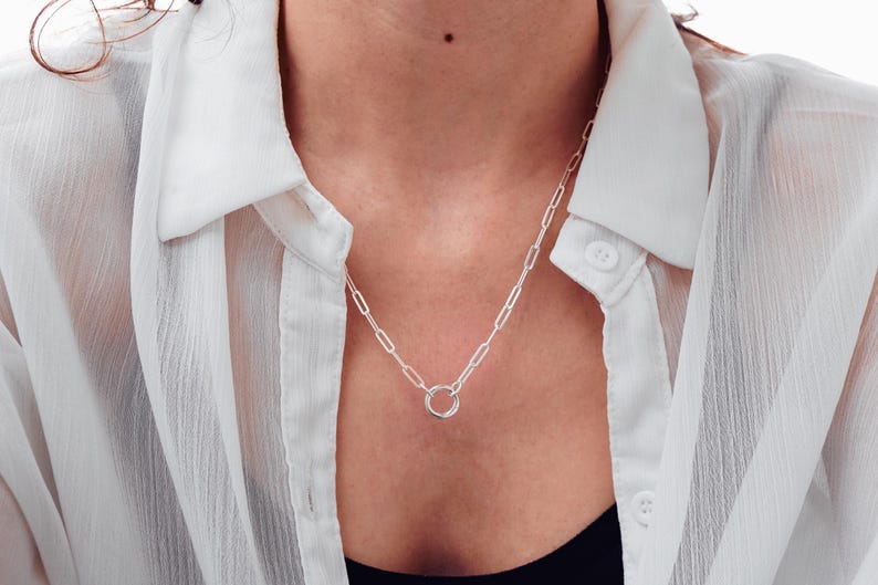 925 Sterling Silver Paperclip Chain Charm Holder Necklace - Hinge Clasp Charm Keeper Pendant image 1