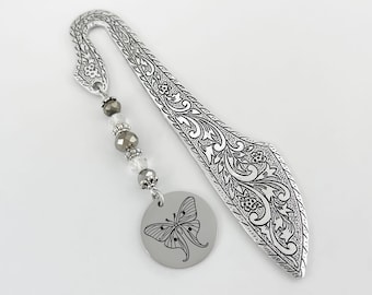 Luna Moth Bookmark - Laser Engraved Tibetan Silver Bookmark - Celestial Luna Moth Gifts - Beaded Charm Bookmarks - New Beginnings Gift