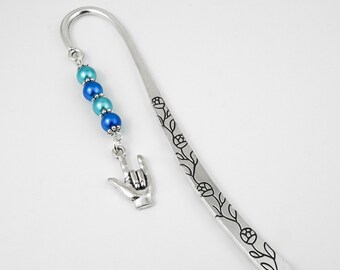 Sign Language Bookmark - ASL Teacher Gifts, Tibetan Silver Bookmark, Hand Bookmarks, ASL I Love You Sign Charm Bookmark, Sign Language Gifts