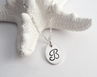 Handstamped Sterling Silver Initial Necklace: Personalized Script Jewelry