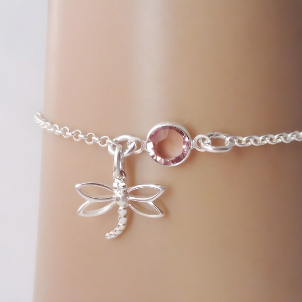 Dragonfly Bracelet or Anklet - Personalized Birthstone Bracelet, 925 Sterling Silver Rolo Chain, Dainty Minimalist Bracelet, Dragonfly Items