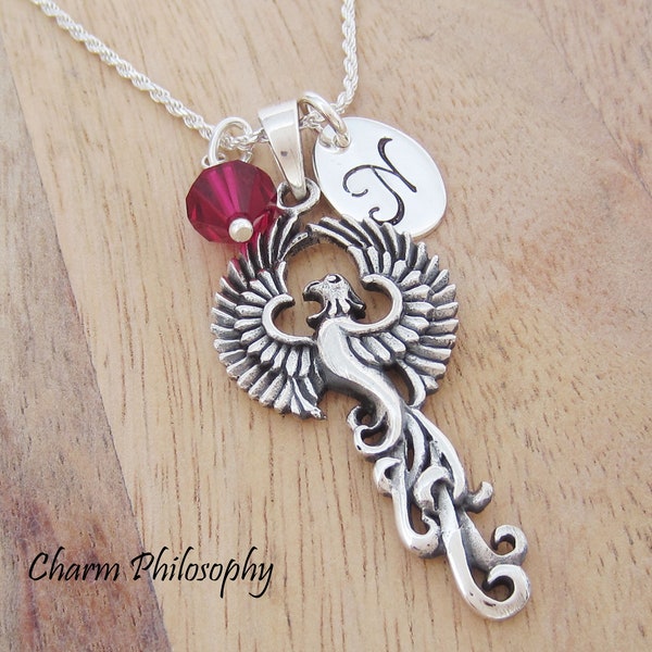Phoenix Necklace - 925 Sterling Silver Jewelry - Personalized Initial and Birthstone - Pheonix Rising from the Ashes