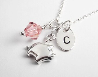 Sterling Silver Pig Necklace: Personalized Initial & Birthstone Charm
