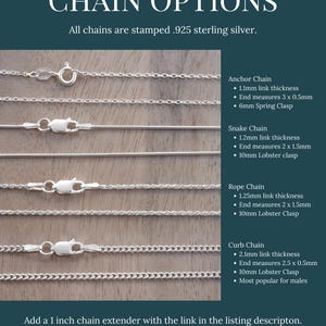 a variety of chain options, including anchor chain, snake chain, rope chain, curb chain, and lobster clasp, each with different link thicknesses and measures.