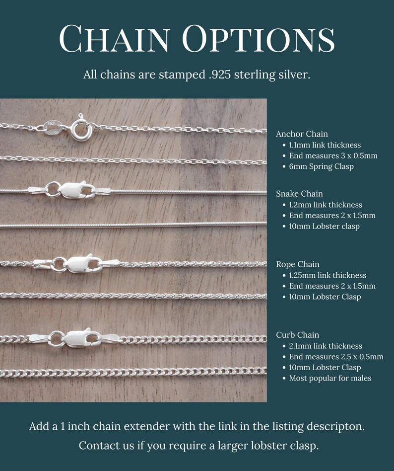 a variety of chain options, including anchor chain, snake chain, rope chain, curb chain, and lobster clasp, each with different link thicknesses and measures.
