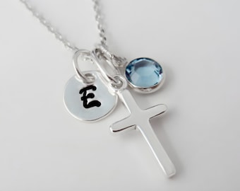 Sterling Silver Cross Necklace with Personalized Initial Charm and Birthstone Charm - Religious Jewelry - Christian Confirmation Gift