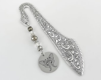 Luna Moth Bookmark - Laser Engraved Tibetan Silver Bookmark - Celestial Luna Moth Gifts - Beaded Charm Bookmarks - New Beginnings Gift