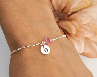 Initial Birthstone Bracelet or Anklet: Sterling Silver Handstamped Initial Charm, Rolo Chain