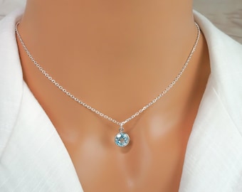 Blue Topaz Necklace - Round Gemstone Charm 9 mm - 925 Sterling Silver Jewelry - Rope, Snake, Curb, Anchor Chain - Faceted Blue Topaz Jewelry