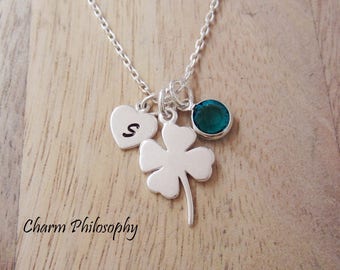 4 Leaf Clover Necklace - 925 Sterling Silver Jewelry - Luck Gifts - Four Leaf Clover Charm - Personalized Monogram Initial and Birthstone