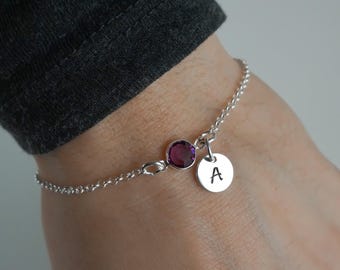 Handstamped Initial Bracelet - Initial Birthstone Anklet - Personalized Birthstone Bracelet - 925 Sterling Silver Bracelet with Rolo Chain