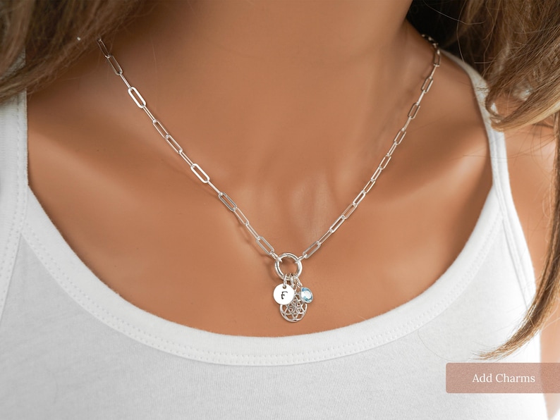 925 Sterling Silver Paperclip Chain Charm Holder Necklace - Hinge Clasp Charm Keeper Pendant image 7