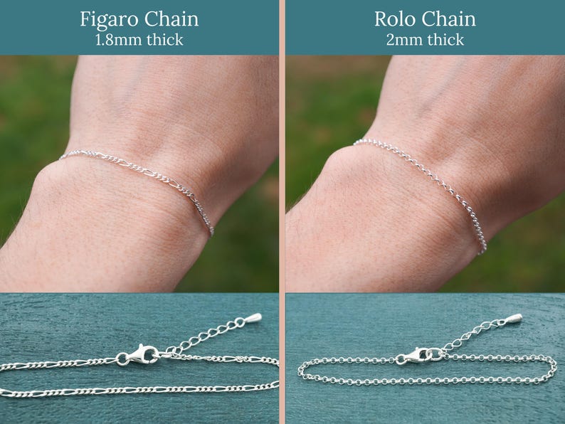 May include: Two silver chain bracelets are displayed. The top half shows the bracelets worn on a wrist, with text indicating the Figaro chain is 1.8mm thick and the Rolo chain is 2mm thick. The bottom half shows the bracelets laid flat.