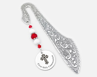 First Communion Bookmark - 1st Holy Communion Gifts for Girls - Engraved Fancy Cross Bookmark - FIrst Communion Favors - Religious Bookmark