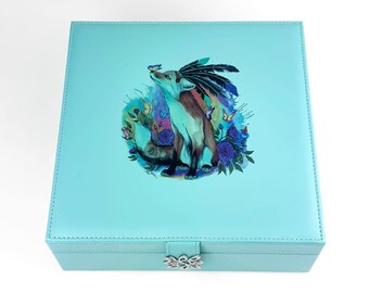 Fox Jewelry Box - Turquoise Vegan Leather Jewelry Box for Kids and Women - Light Blue Jewelry Organizer with Mirror, Ring Storage Box