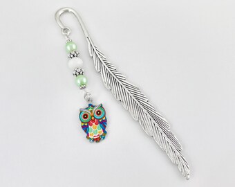 Colorful Owl Bookmark - Tibetan Silver Bookmark Stationary - Owl Gift Ideas - Enamel Owl Charm Bookmark - Owl Teacher Gifts