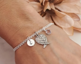 Angel Wings Charm Bracelet in Sterling Silver Personalized Bracelet Double Rolo Chain Bracelet for Memorial Bracelet Sympathy Gift