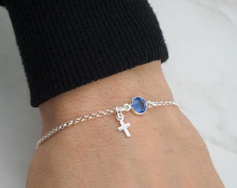 Tiny Sterling Silver Cross Charm Bracelet: Custom Birthstone Charm, Dainty Rolo Chain