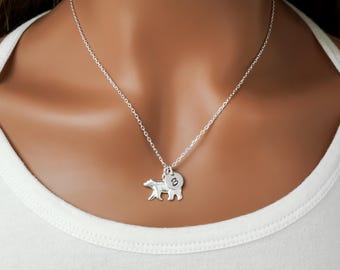 Personalized Bear Necklace - Handstamped Initial - 925 Sterling Silver Bear Pendant - Bear Charm Necklace