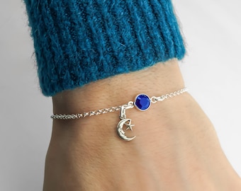 Star and Moon Bracelet or Anklet: Personalized 925 Sterling Silver Birthstone Jewelry, Rolo Chain