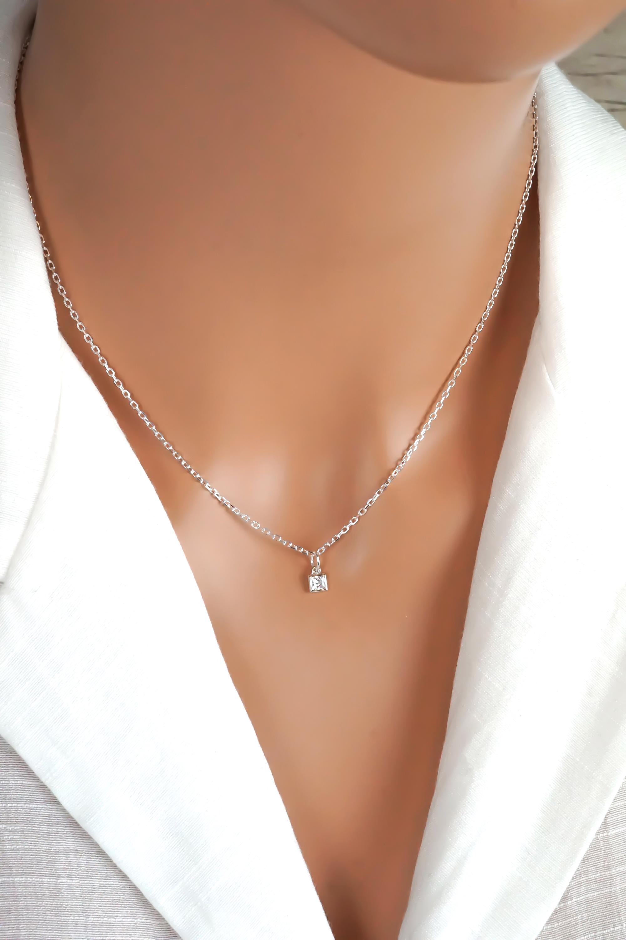 Square Cubic Zirconia Charm Necklace, 925 Sterling Silver