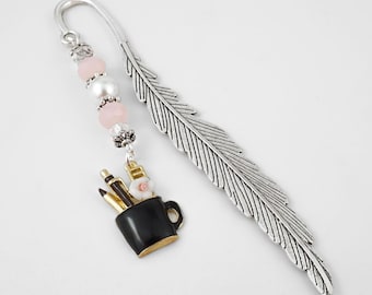Writer's Bookmark - Beaded Metal Bookmark - Teacher Gift Ideas - Black Coffee Cup of Pens Charm Bookmark - Coffee Mug Bookmark