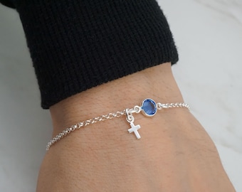 Sterling Silver Cross Bracelet: Custom Birthstone Charm, Dainty Rolo Chain