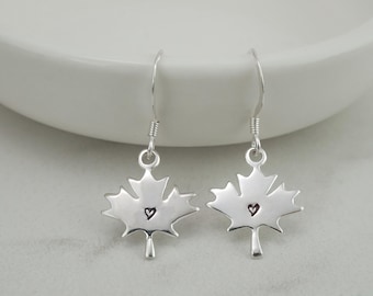 Maple Leaf Earrings with Handstamped Heart - 925 Sterling Silver Maple Leaf Jewelry - Canada Maple Leaf Charm Earrings - Canadian Earrings