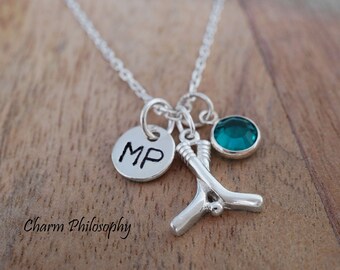 Hockey Sticks Necklace - 925 Sterling Silver Jewelry - Small Adults/Kids Sports Jewelry - Personalized Birthstone and Initial Charm