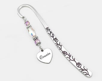 Cousin Bookmark for Cousin Gifts for Cousin Engraved Heart Charm Bookmark Silver Bookmark Cousin Birthday Gift Ideas - Unique Bookmarks