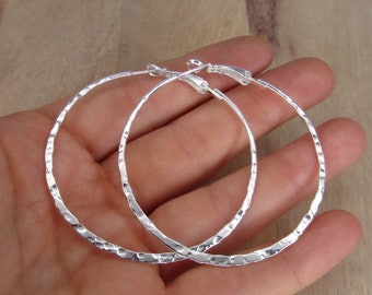 Extra Large Hoop Earrings - 925 Sterling Silver Jewelry - Hammered Silver Hoops - 60mm | 2.25 inches