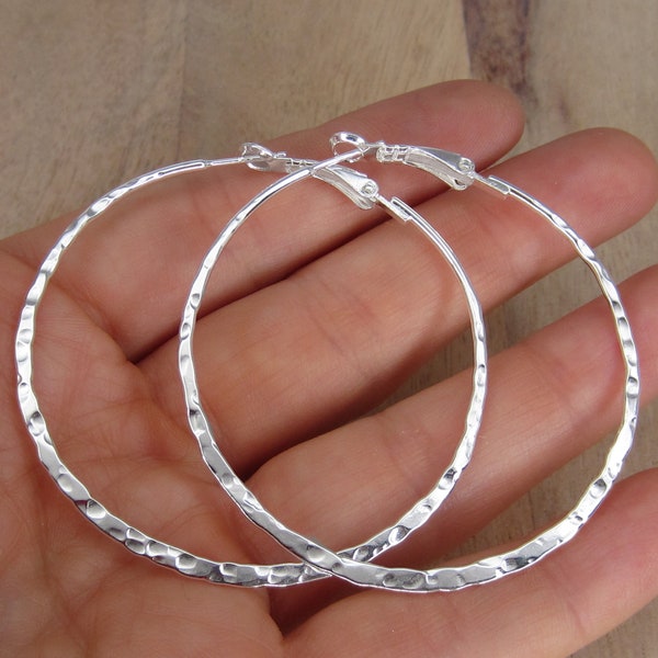 Extra Large Hoop Earrings - 925 Sterling Silver Jewelry - Hammered Silver Hoops - 60mm | 2.25 inches