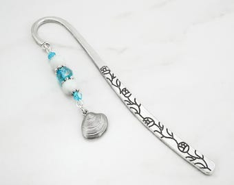 Clam Shell Bookmark - Unique Summer Gifts - Summer Bookmark - Tibetan Silver Beaded Bookmark - Beach Bookmark - Seashell Bookmark