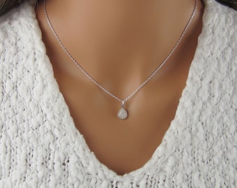 Small Moonstone Teardrop Necklace - Faceted Moonstone Tear Drop Charm - 925 Sterling Silver Necklace - Simple Gemstone Jewelry