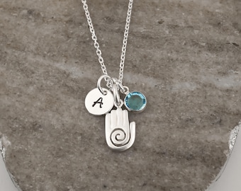 Healing Hand Necklace - 925 Sterling Silver Jewelry - Hopi Hand Charm - Personalized Reiki Gifts - Monogrammed Initial and Birthstone
