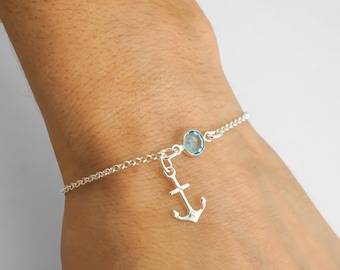 Ship Anchor Bracelet or Anklet: Personalized Birthstone Charm, Rolo Chain