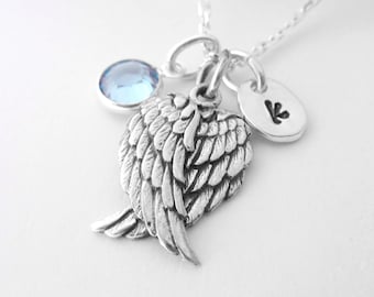 Angel Wings Necklace, Personalized Handstamped Initial and Birthstone Charm Necklace, 925 Sterling Silver Memorial Jewelry, Sympathy Gift