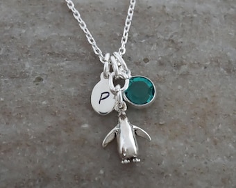 Sterling Silver Penguin Charm Necklace: Personalized Initial and Birthstone