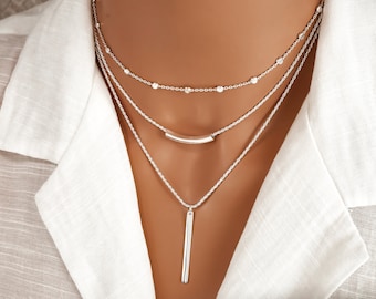 Sterling zilveren gelaagde ketting - 3 lagen minimalistische sieraden - ketting met verticale staaf, ketting met gebogen staaf en satellietketting