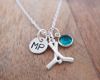 Hockey Sticks Necklace - 925 Sterling Silver Hockey Jewelry - Small Adults/Kids Sports Jewelry - Personalized Birthstone and Initial Charm