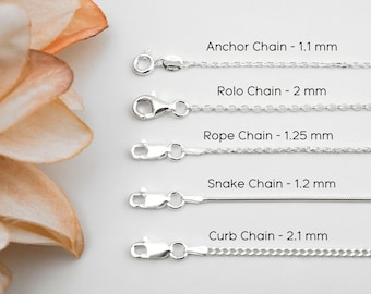 925 Sterling Silver Chain Necklace for Men and Women's Chains with Chain Extender, Anchor, Rope, Rolo, Snake, Curb Chain in 14 to 36 inches