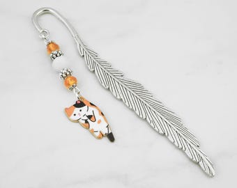 Orange Cat Bookmark - Cat Mom Gifts, Silver Beaded Bookmark with Cat Charm Bookmark, Cute Cat Lover Gift, Cat Stationary, Cat Gifts