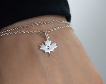 925 Sterling Silver Maple Leaf Bracelet - Double Strand Bracelet - Rolo Chain - Dainty Maple Leaf Heart Anklet - Allergy Free