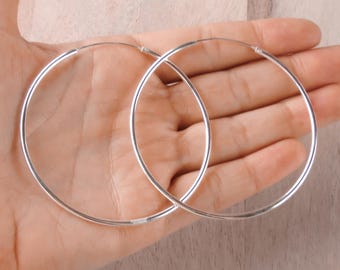 Large Hoop Earrings - 925 Sterling Silver Jewelry - Plain Infintity Hoops - 65mm | 2.5 inches