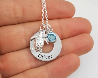 Sea Turtle Name Necklace Personalized Name and Birthstone Charm Necklace Sea Turtle Charm Necklace Sea Turtle Gifts