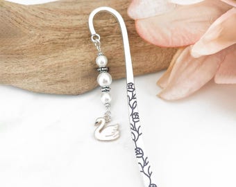 White Swan Bookmark - Enamel Swan Charm Bookmark - Swan Gifts for Readers - Book Lover Gifts - Unique Beaded Metal Bookmark